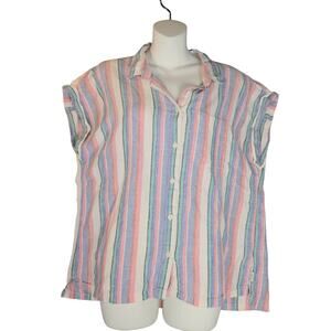 Orvis Womens Large Button Up Sleeveless‎ Top Striped Linen Blend Vacation Pastel